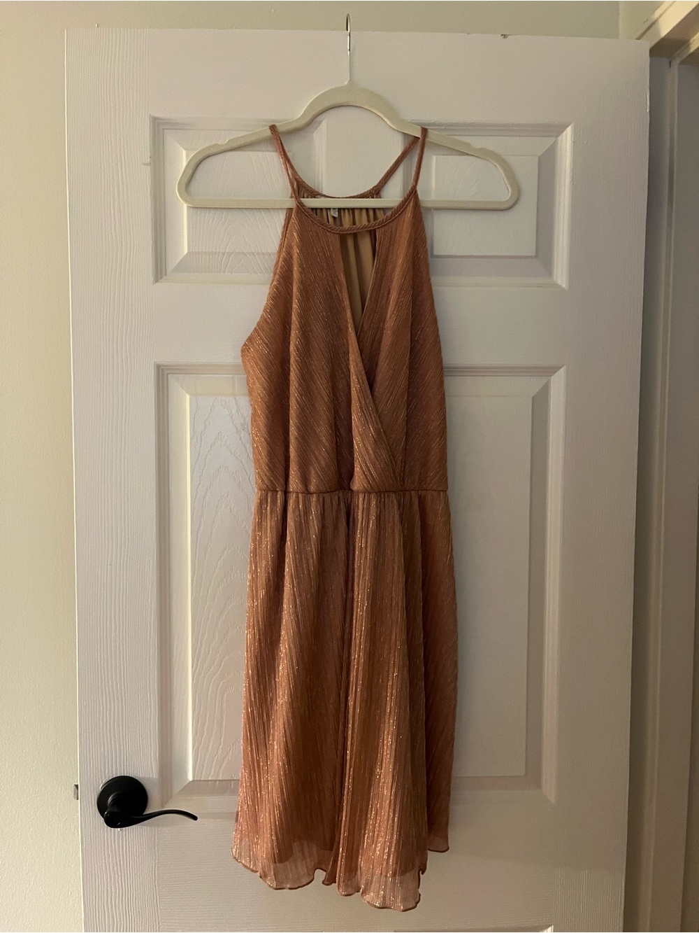 Charlotte Russe Rose Gold Metallic Crinkle Halter Wrap Dress Sz M